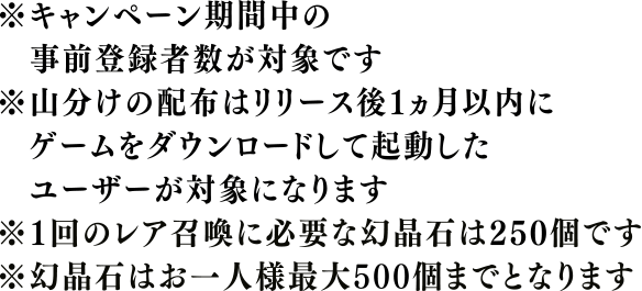 ※キャンペーン期間中の事前登録者数が対象です。※山分けの配布はリリース後1ヶ月以内にゲームをダウンロードして起動したユーザーが対象になります。※1回のレア召喚に必要な幻晶石は250個です。※幻晶石はお一人様最大500個までとなります。